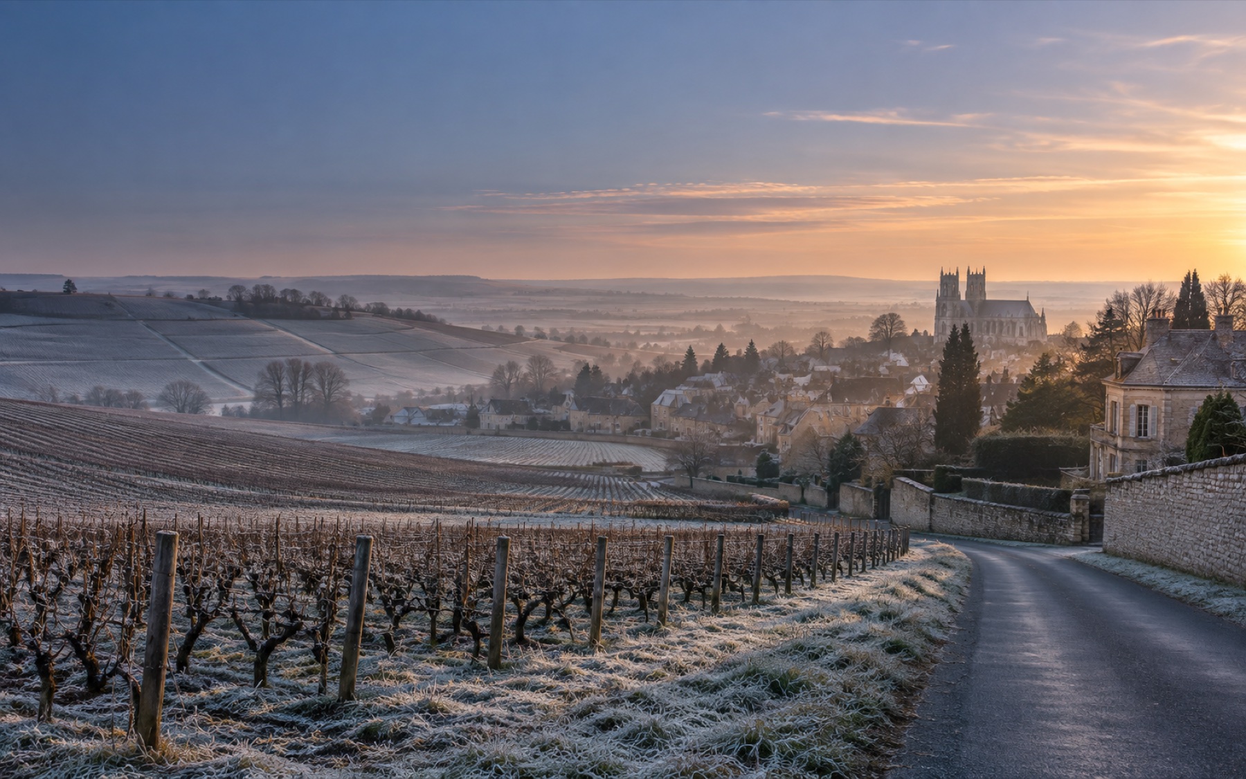 Snow-covered vineyards near a village in Champagne at sunrise